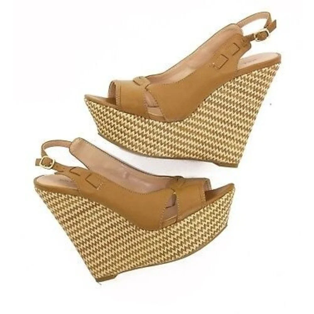 Sole Society Wedge Espadrille Sandals 8 B Slingback Shoes Brown Striped EUC FA-2